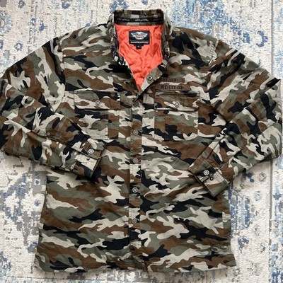 ジャケット・アウター Harley-Davidson Military Cotton Jacket Harley Davidson Shirt Jacket Mens XL Camo Snap Button Military