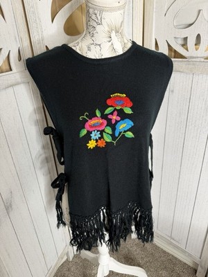 Vintage Vicki Volts 70s Knit Festival Top Floral Lace Up Sides Fringe Sz Medium