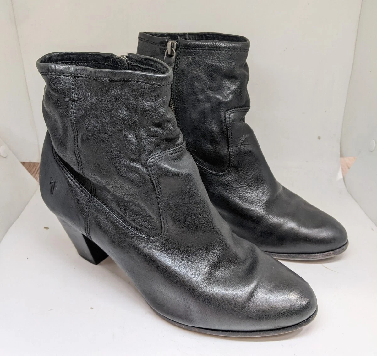 Frye Paulina Artisan Zip Ankle Heel Boots Black Leather Side Zip