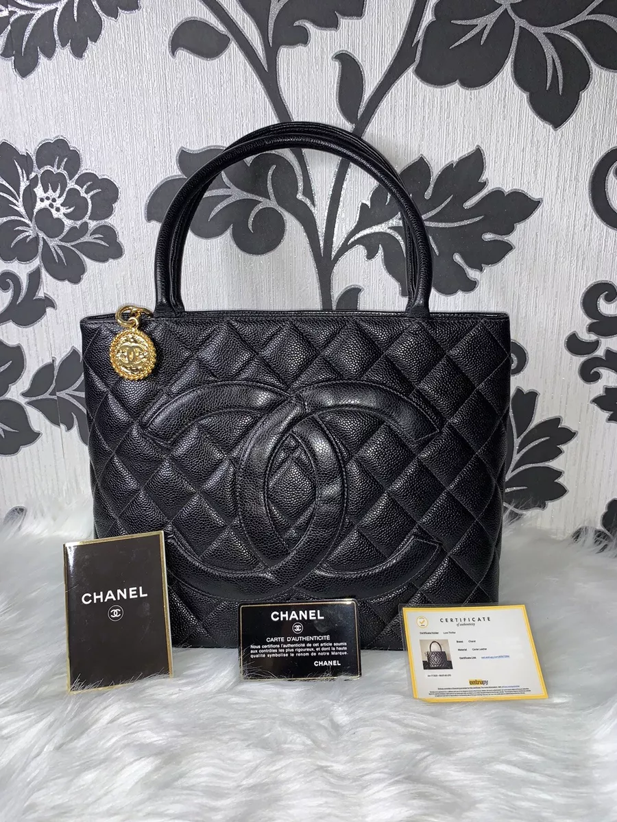 Authentic Chanel Gold Medallion Shopping Caviar Tote Bag