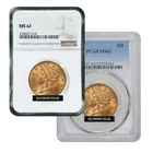 $20 Gold Liberty Head Double Eagle Random Year - MS63 Graded Slab