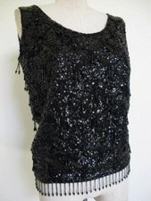 Vintage 1960s Beaded Go Go Fringe Cocktail Top Black Wool Sequins Beads Lined
