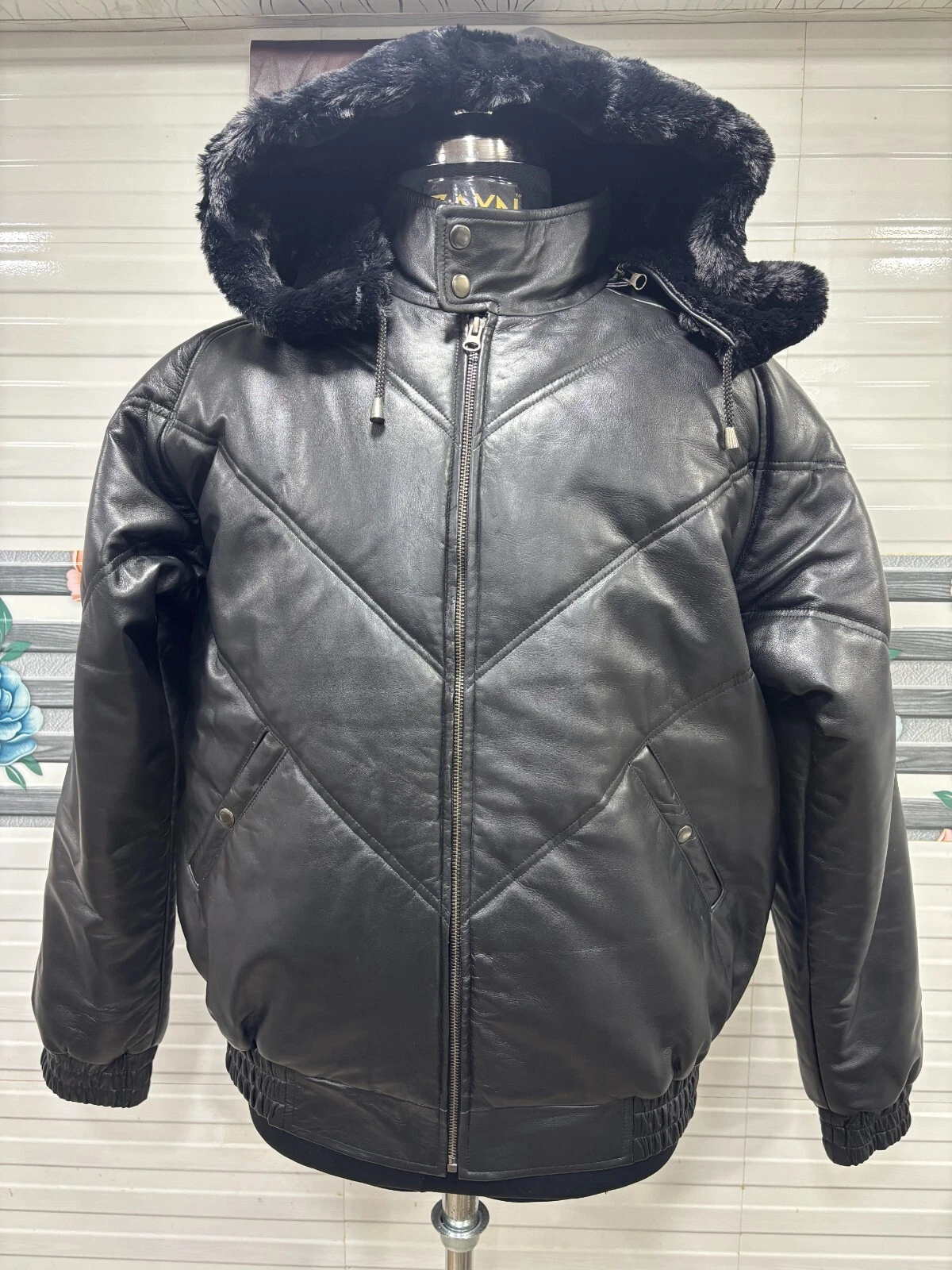 Men's 100% Real Lambskin Leather Black Puffer Winter Jacket Faux Fur Hooded Coat