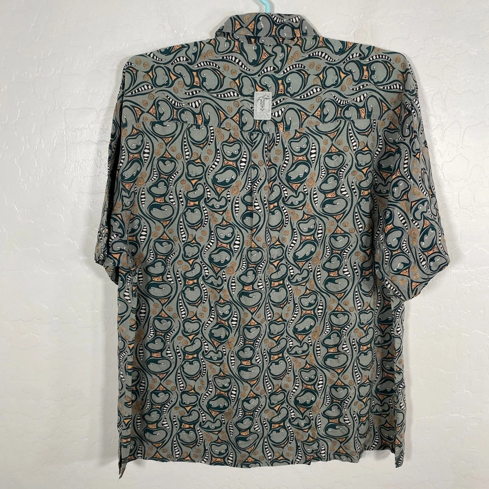 Vintage Rusty Shirt Mens Large Gray Rayon Button Up Hawaiian Abstract Beach Surf - Image 4 of 4
