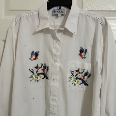 Vintage LAS OLAS Women's L Button Up White Stripe Shirt Birds Flowers Rhinestone