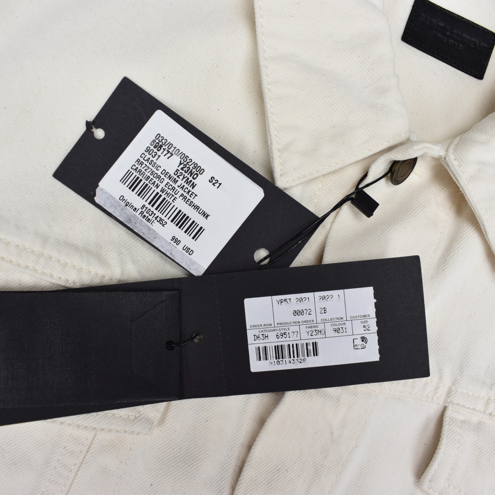 Giacca camionista uomo Saint Laurent denim bianco panna nuova con etichette $990 L 52 AUTENTICA