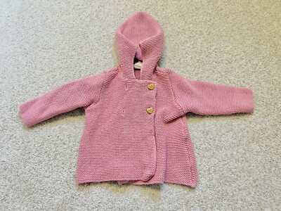 H M 6-9 Months Baby Girl Knitted Hooded Pink Cardigan W/ Heart - Main Image