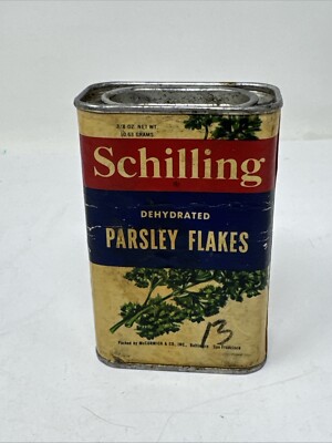 Vintage Schilling Dehydrated PARSLEY FLAKES Metal Tin Paper Label McCormick