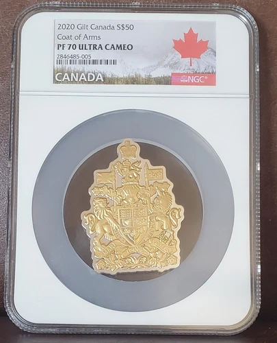 2020 NGC PF 70 CANADA 3oz Silver $50 "COAT OF ARMS" Gilt / Ultrea Cameo