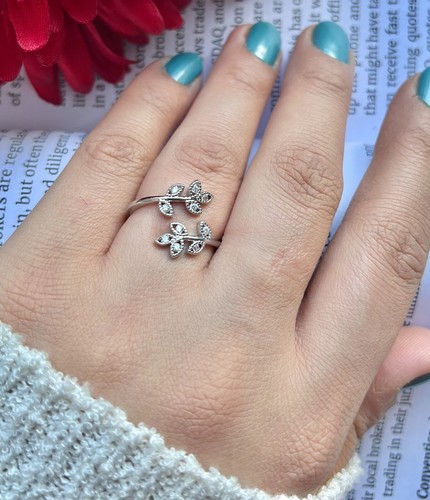 Anillo Apilable Hoja, Delicado Anillo Romántico Ajustable Recubierto de Plata - Imagen 2 de 7