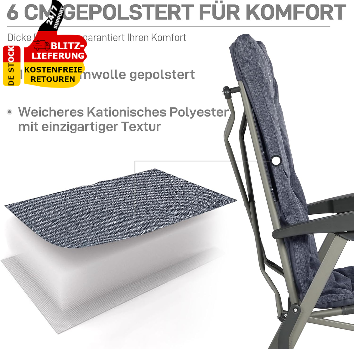 EVER ADVANCED Campingstuhl  Gepolstert, 4 Positionen, XL, Mit Armlehnen, 6  Kg Camping Stuhl