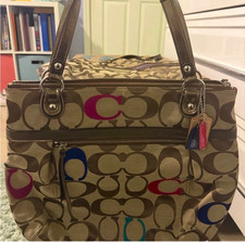 Coach Large Logo Tote Bag Zip Top Brown/Multicolor Lined Pockets Charm