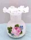 Vtg Fenton Art Glass Charleton Roses Ruffled Milk Glass Vase c1940-1959 USA 5.5"