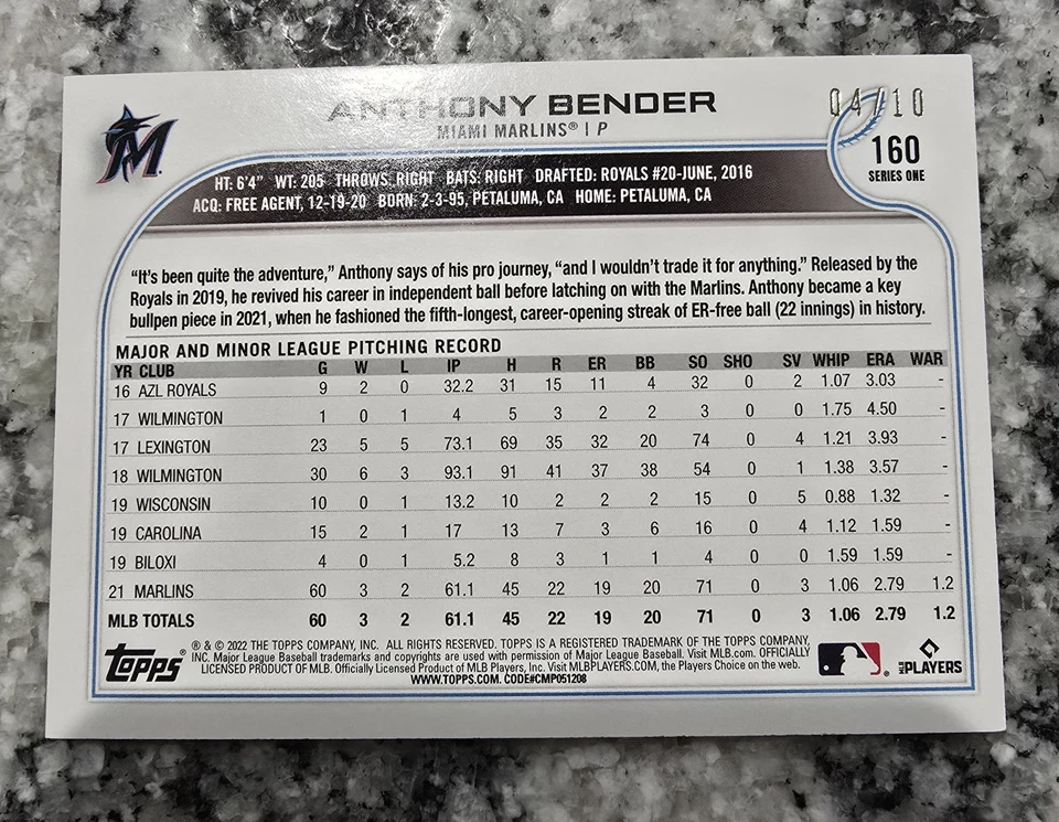 2022 Topps Anthony Bender Rookie Miami Marlins #160 04/10 RARE - Image 2 of 2