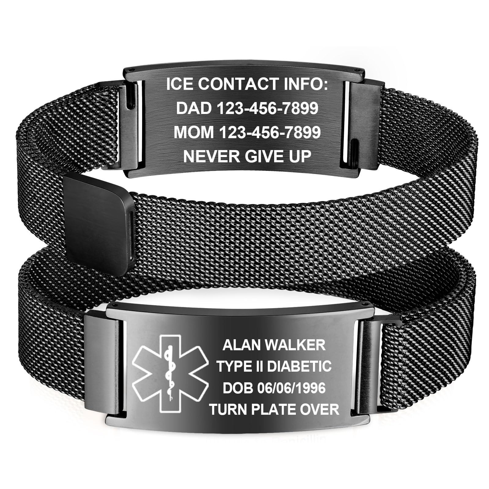 Engraved Medical Alert ID Bracelet Mesh Band Adjustable for Men Women Gifts