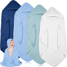 4 PCS Muslin Hooded Baby Towels 32x32 Inch Cotton Newborn Bath Blankets Blue