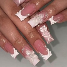 Smooth White False Nail Flower Pattern Great For Daily Use Lady Manicure