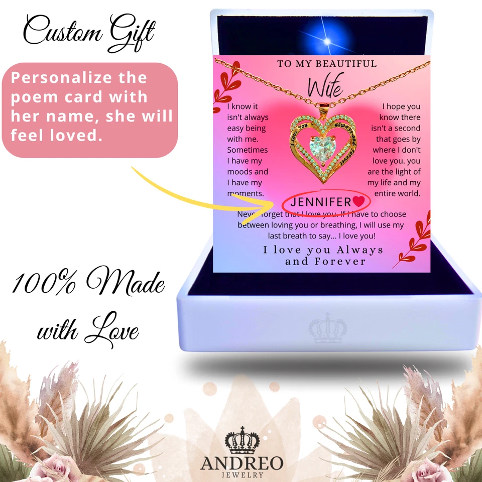 Esposa PERSONALIZADO Corazón Collar Regalo de Marido Regalos de Cumpleaños para Mujer por ANDREO Foto 3 de 4