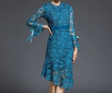 Blue Water-Soluble Lace Dress Midi