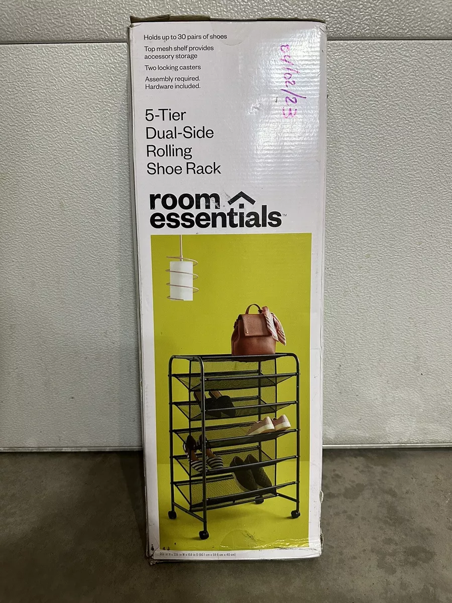 Room Essentials 5 Tier Dual Sided Rolling Shoe Rack w Steel Frame Black