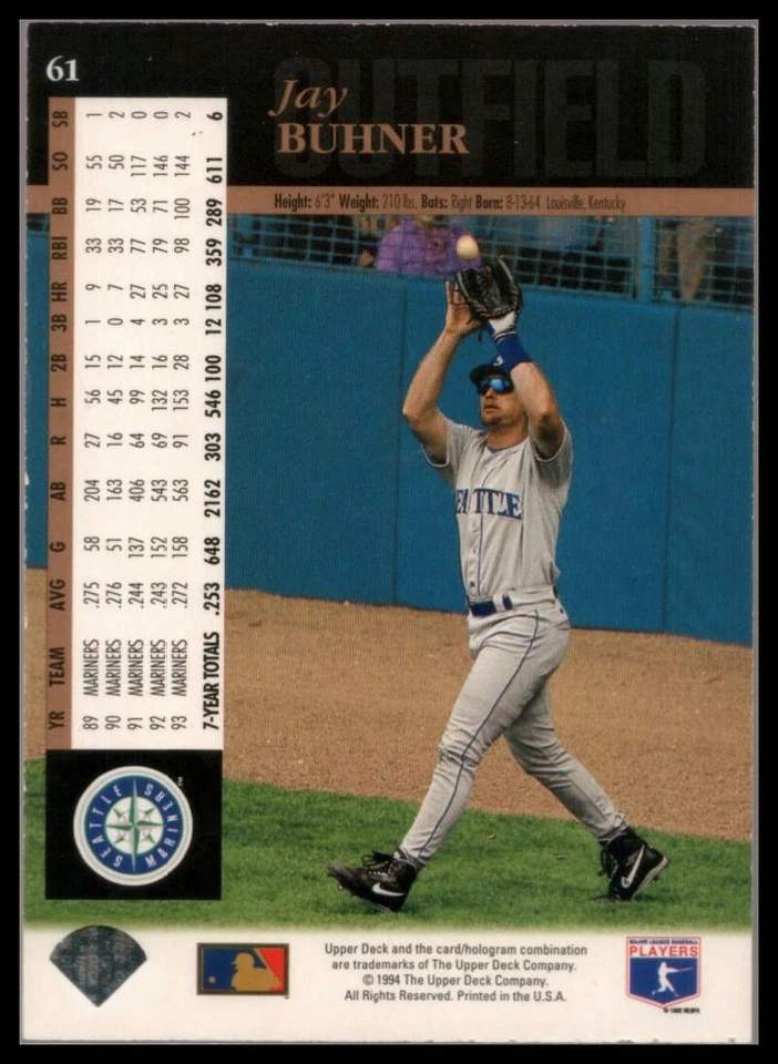 1994 UPPER DECK ELECTRIC DIAMOND #61 JAY BUHNER SEATTLE MARINERS - Image 2 of 2
