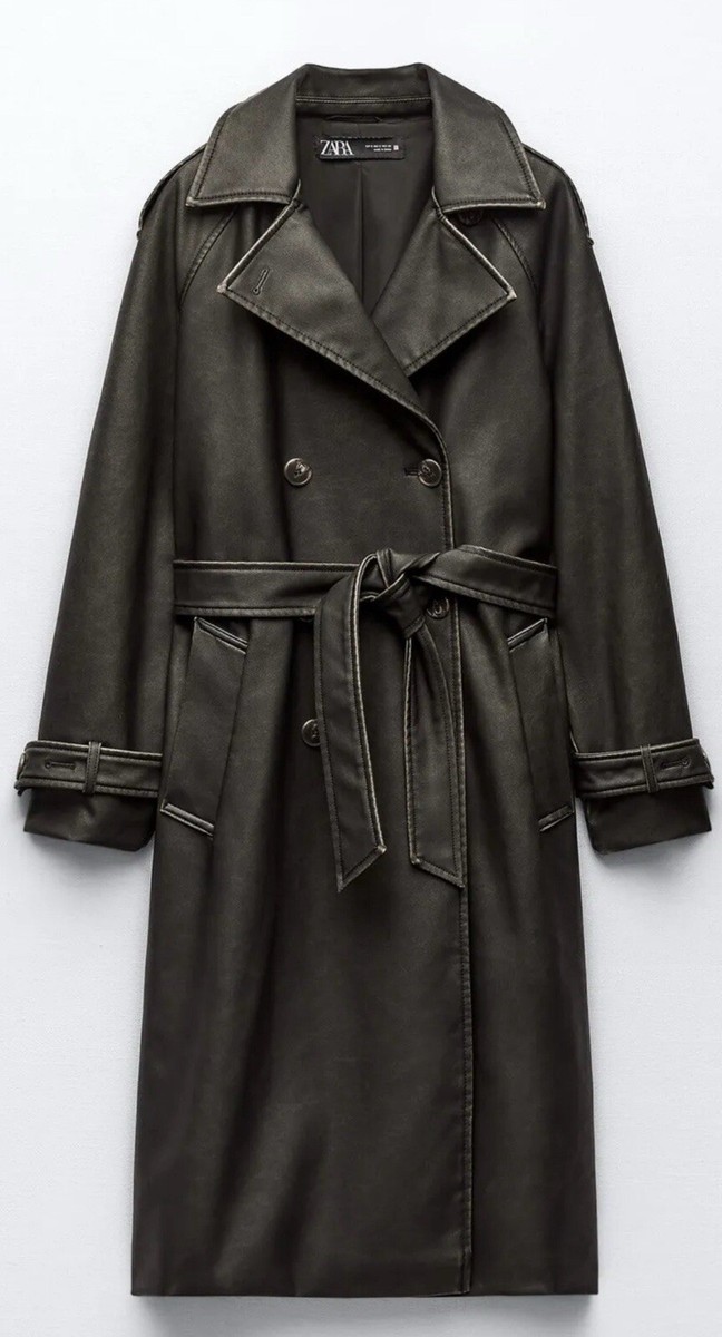 ZARA BLACK CHARCOAL TRENCH COAT DISTRESSED LEATHER 6318