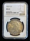 Super Choice 1922 S Peace US Silver Dollar NGC MS63 Beautiful Coin Nice Luster!