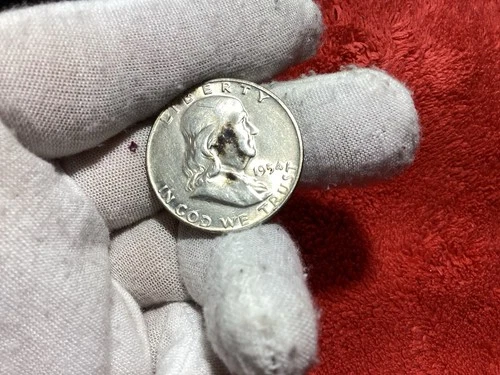 1954 D FRANKLIN HALF 💰STRANGE TONING / MINERAL SPOT ON OBVERSE AU