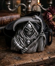Gothic Skull Grim Reaper Belt Buckle Heavy Metal Rocker Bikers Leather Belt