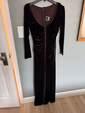 Vintage Tadashi shoji velvet dress long sleeve v-neck slit ruched brown S 4-6
