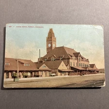 early view Union Depot Pueblo CO  RAILROAD STATION POSTCARD unp Mitchell Pubs.