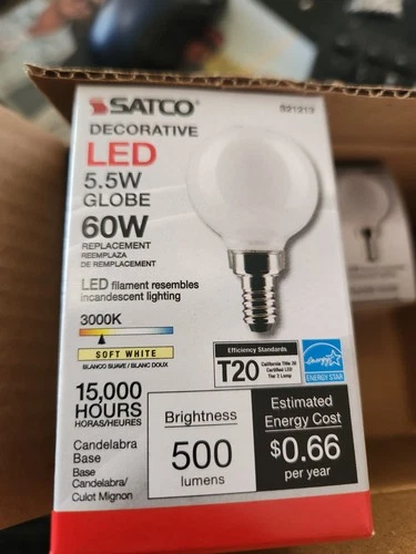Satco S21213 5.5w G16.5 Globe LED 3000K Candelabra Base Dimmable - 60w (4 pack) - Picture 2 of 4