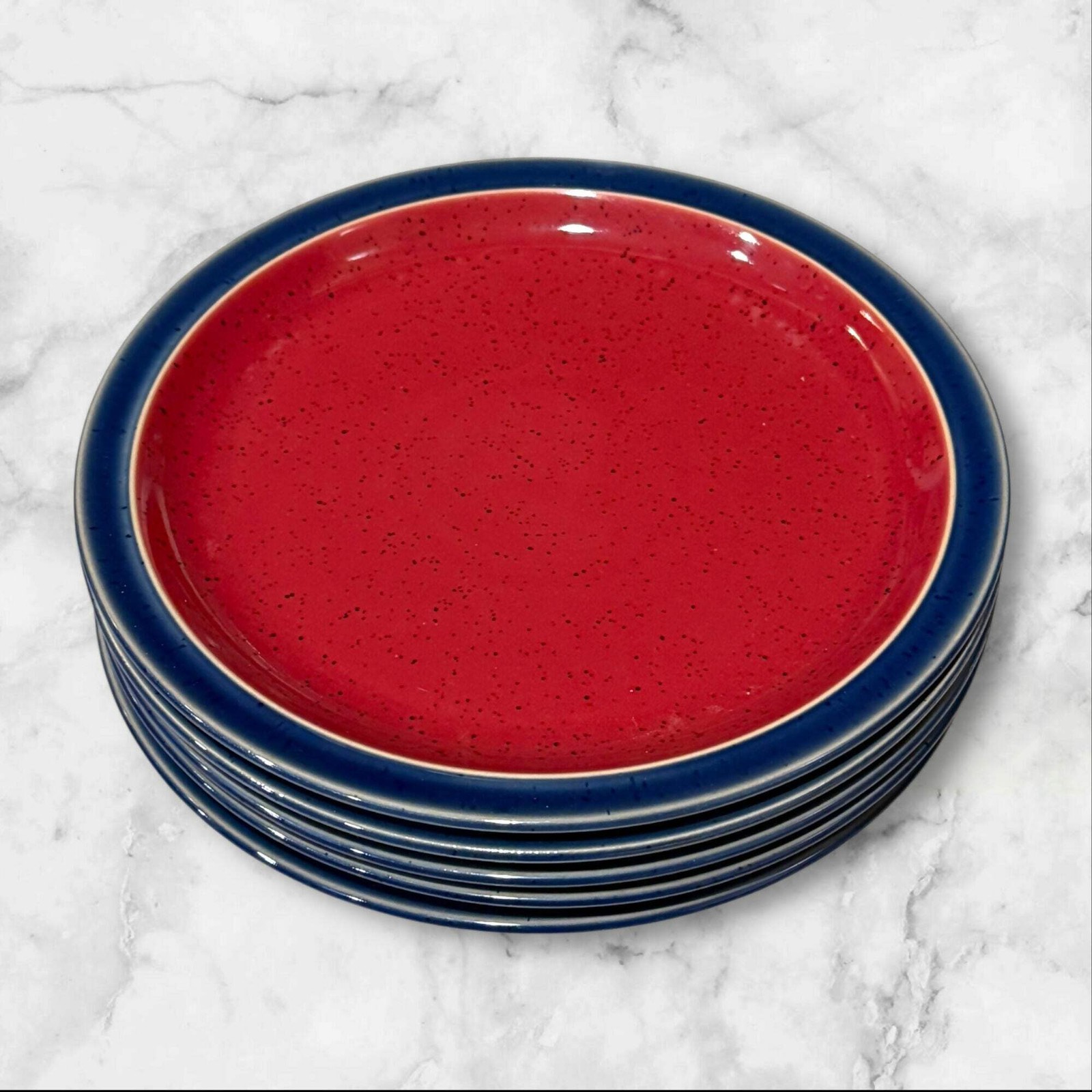 Denby-Langley Harlequin Red Blue Stoneware Salad Plates | Set of 5 | Great Condi