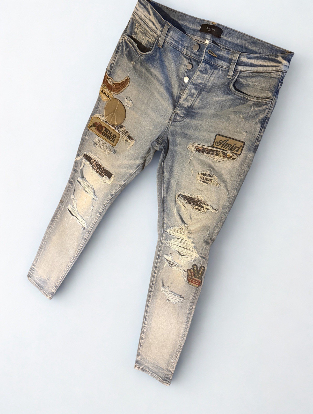AMIRI Clay Indigo Biker Patch Jeans Size 34 Distressed Skinny Denim image 5