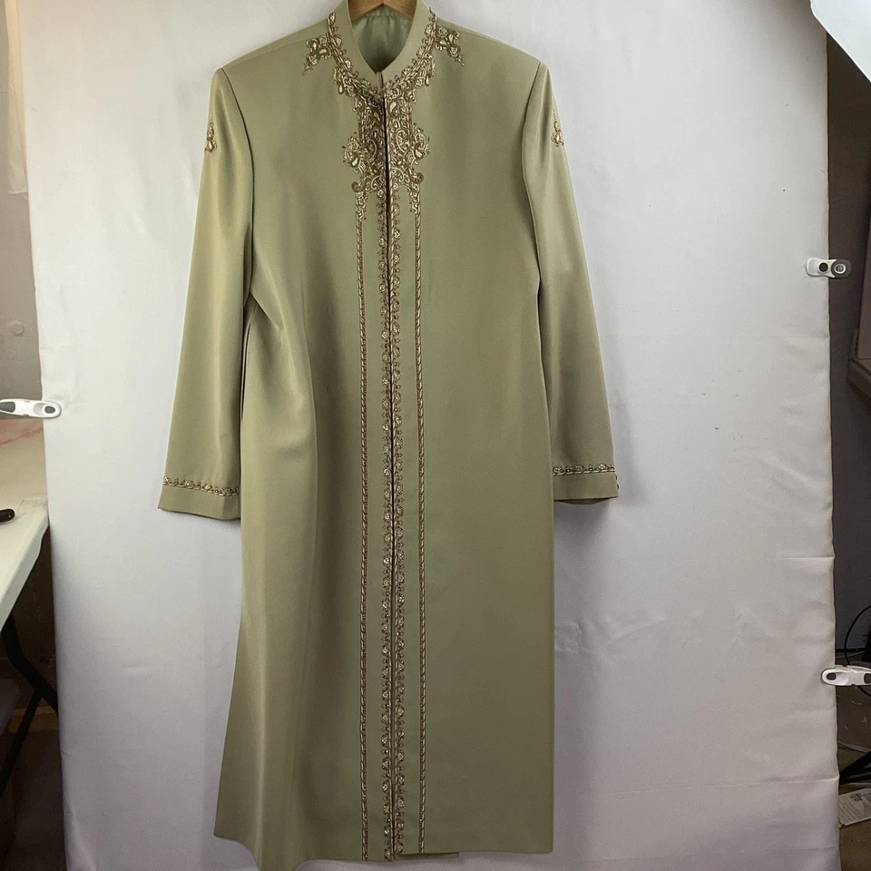 Mens Sage Green Embroidered Sherwani Jacket Long Coat Dressy Formal - Image 4 of 4