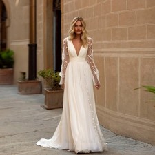 Elegant Deep V Neck Wedding Dresses Sheer Sleeves Backless Appliques Bridal Gown