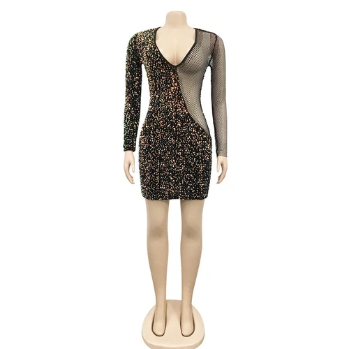 Fashion Women's Mesh See-through Rhinestone Sequin Patchwork Bodycon Party Dress - Picture 8 of 21
