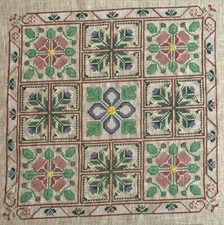 Quilt Pattern Pillow Top Completed Cross Stitch on 28 Ct Wichelt Ivory Linen