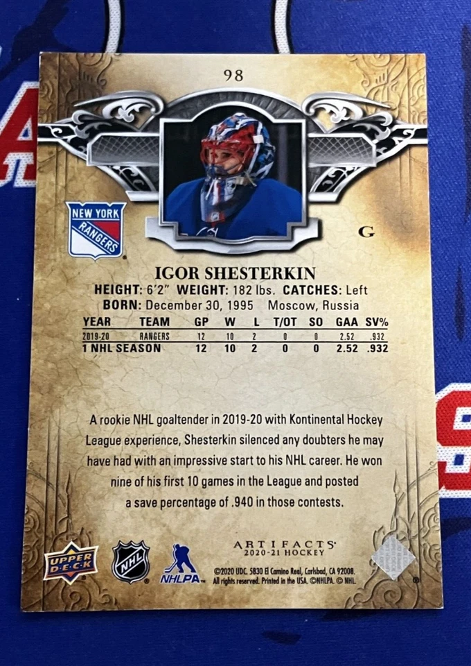 IGOR SHESTERKIN 2020-21 UD 🏒 Artifacts #98 Blue Sapphire xxx/499 Rangers QTY 🔥 - Image 4 of 4