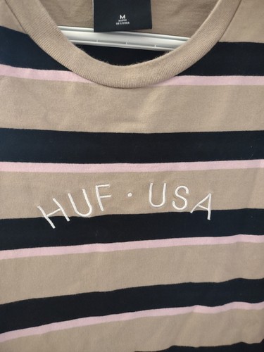 HUF T Shirt Mens Size Medium Tan Black Pink Striped Casual Short Sleeve - Picture 4 of 8