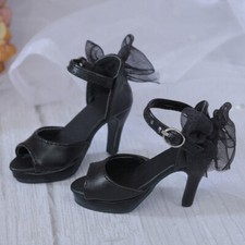 Retro Shoes High Heels 1/3 BJD Doll PU Leather Lace Pink/Black Satin Bow Sandal