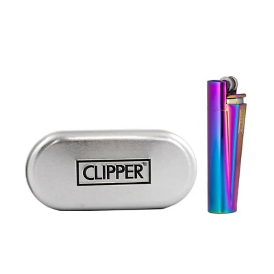 Clipper Rainbow Icy Finish Metal Lighter with Silver Tin Case Refillable