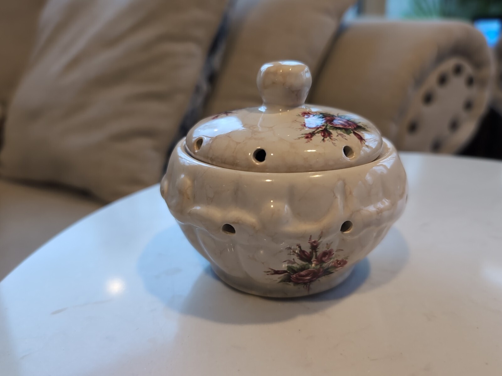 Vintage Athena Potpourri Jar, Vented Lid, Floral Design,  Ivory