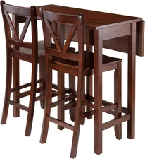 Lynnwood Collection 3 Piece Drop Leaf Table with 2 Counter V-Back Stools, Brown