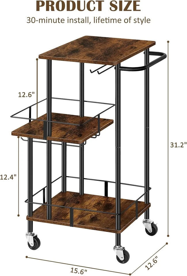 Carro para servir bar en casa de 3 niveles estante para botellas de vino soporte para vidrio carrito para bebidas Foto 2 de 4