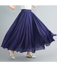 Ladies Womens Cotton Linen Skirt Pleated Beach Boho Maxi Elasticated Waist Dress