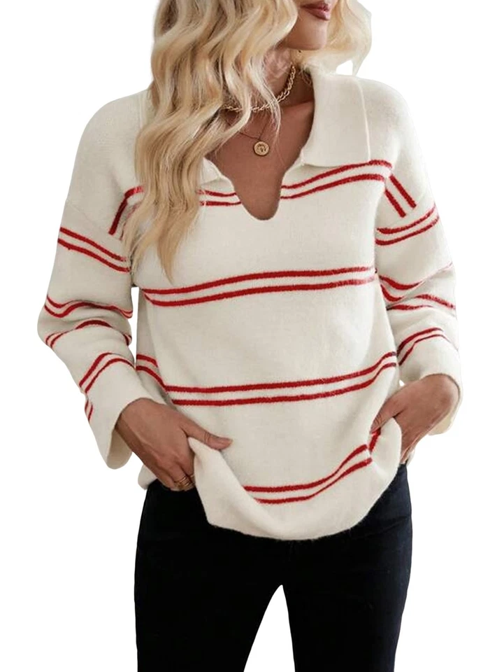 Damen Lässiger, Gestreifter, Langärmliger Pullover mit V-Ausschnitt, Leicht7166 - Bild 1 von 1