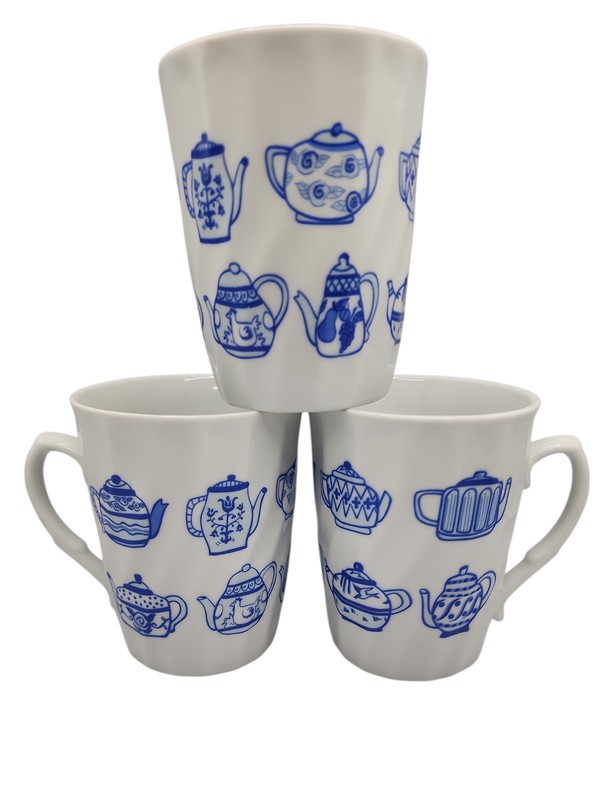 Vintage Blue Tea Pot Carafe Collection Cup White Coffee Mug Set Of 3