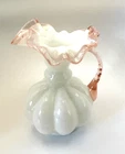 Vintage Fenton Rose Crest  Milk Glass Vase Handled Pitcher Melon Ruffled Top 5"