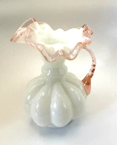 Vintage Fenton Rose Crest  Milk Glass Vase Handled Pitcher Melon Ruffled Top 5"
